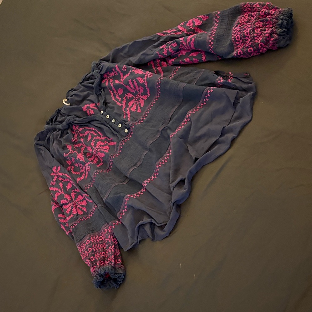 Free People Navy and Pink Embroidered Shirt-S